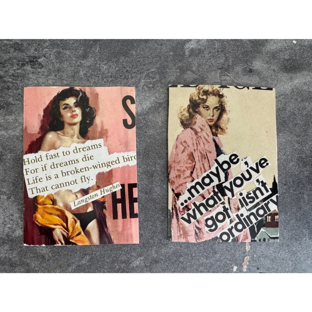 2 Pulp Art Collage Cards Vintage Paperback Ephemera Retro Pin Up Junk Journal